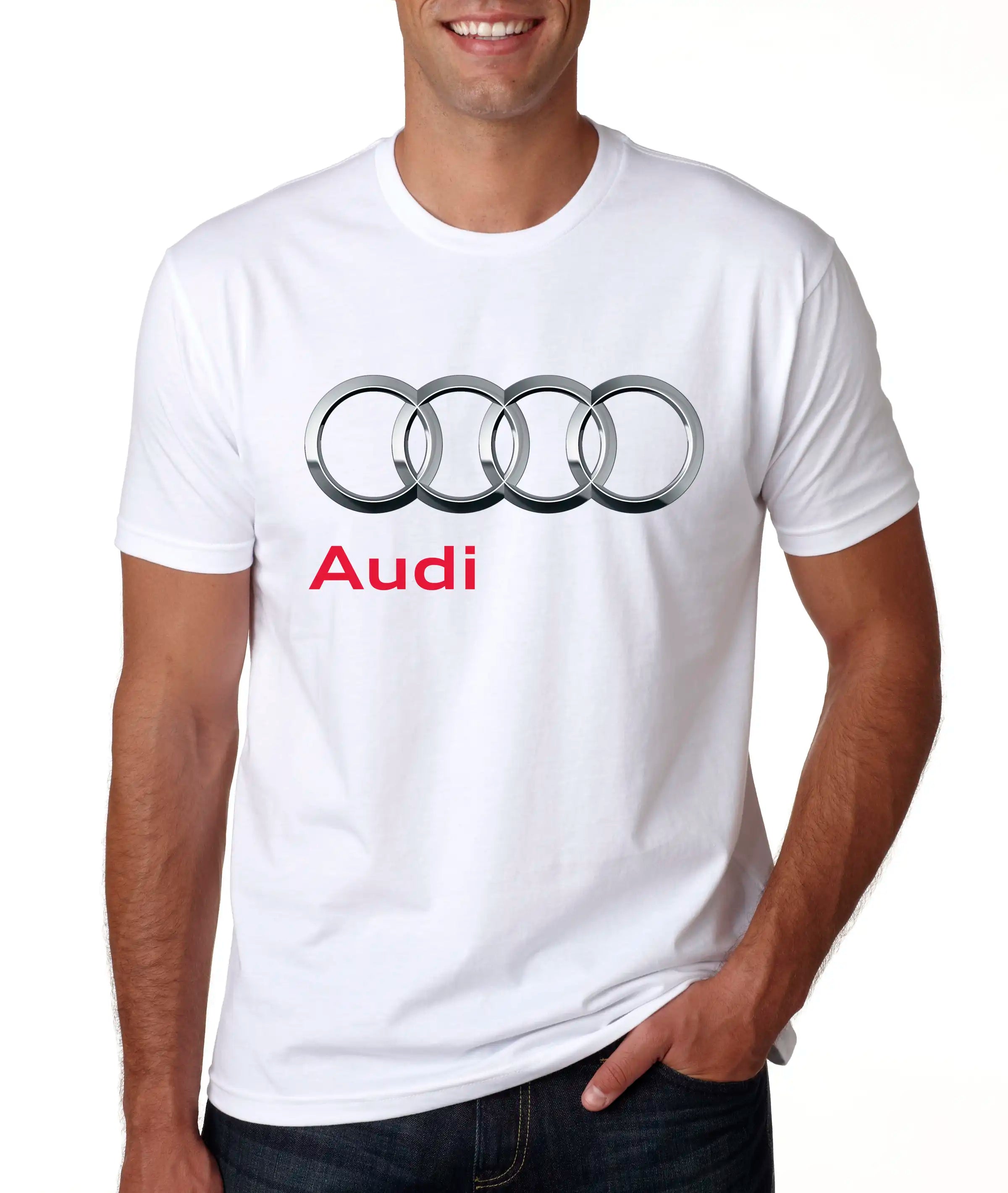 Бяла тениска с AUDI щампа – стилен подарък за фенове на коли